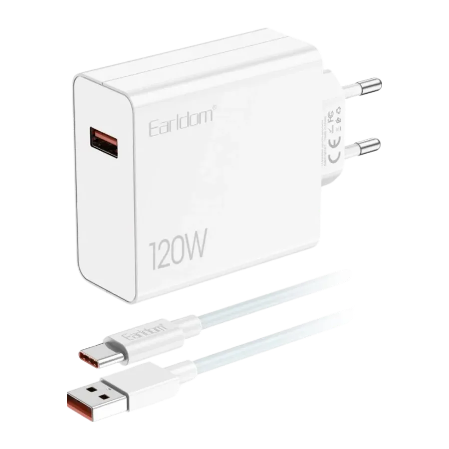 Earldom EU48 120W USB QC 3.0 Çıkışlı ve USB to Type-C Kablolu PD Hızlı Şarj Cihazı - Beyaz