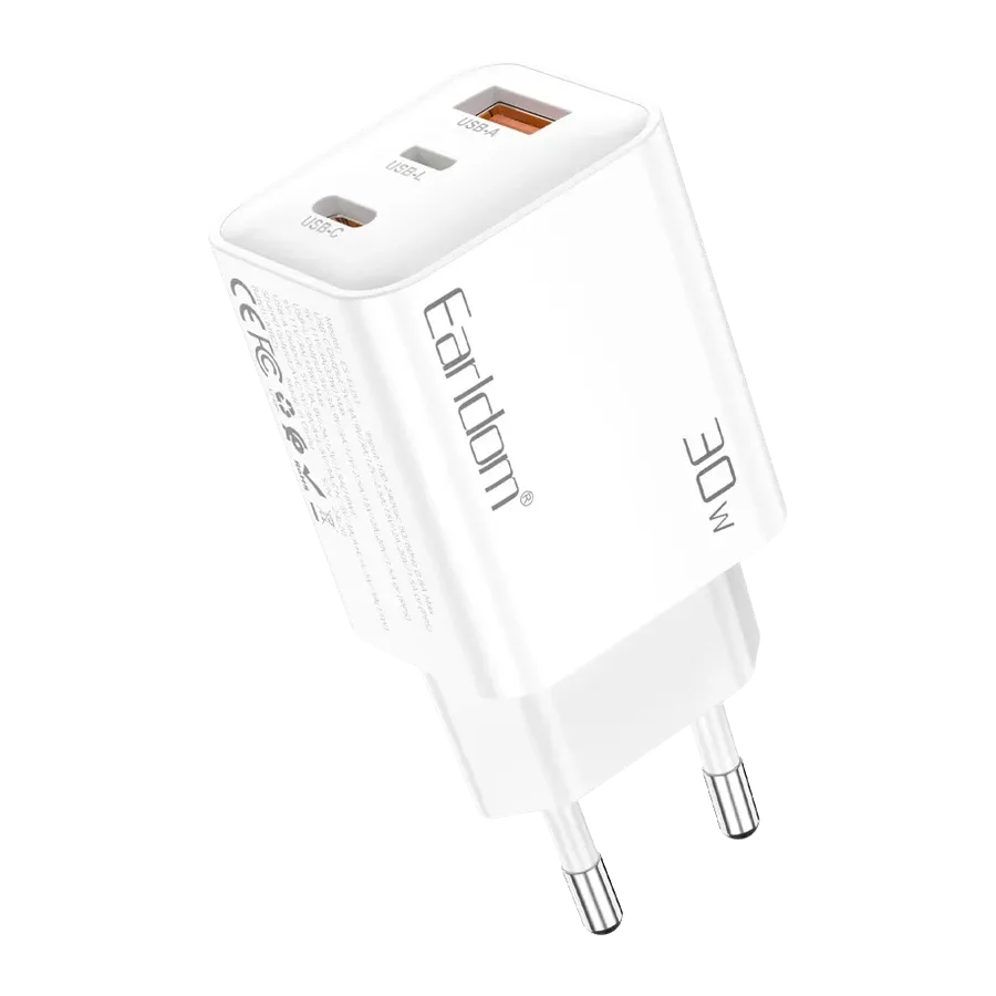 Earldom EU51 Type-C Lightning ve USB Çıkışlı 30W PD Hızlı Şarj Aleti - Beyaz