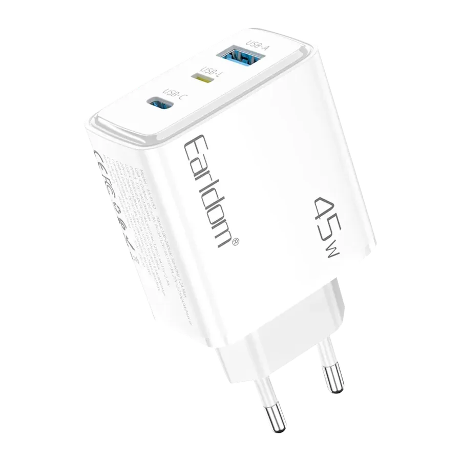 Earldom EU52 Type-C Lightning ve USB Çıkışlı 45W PD Hızlı Şarj Aleti - Beyaz