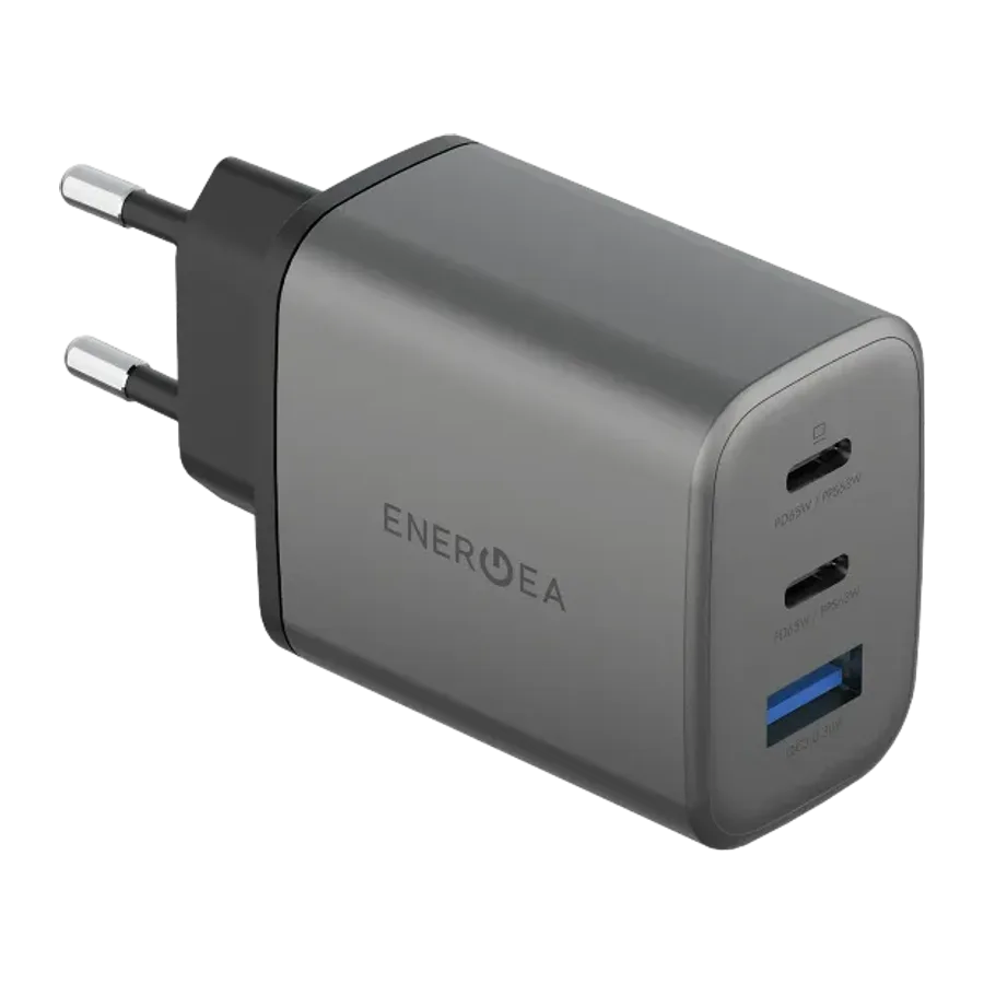 Energea AmpCharge GaN65 2 Adet 65W Type-C ve 30W USB 3.0 Çıkışlı Hızlı Şarj Aleti - Koyu Gri