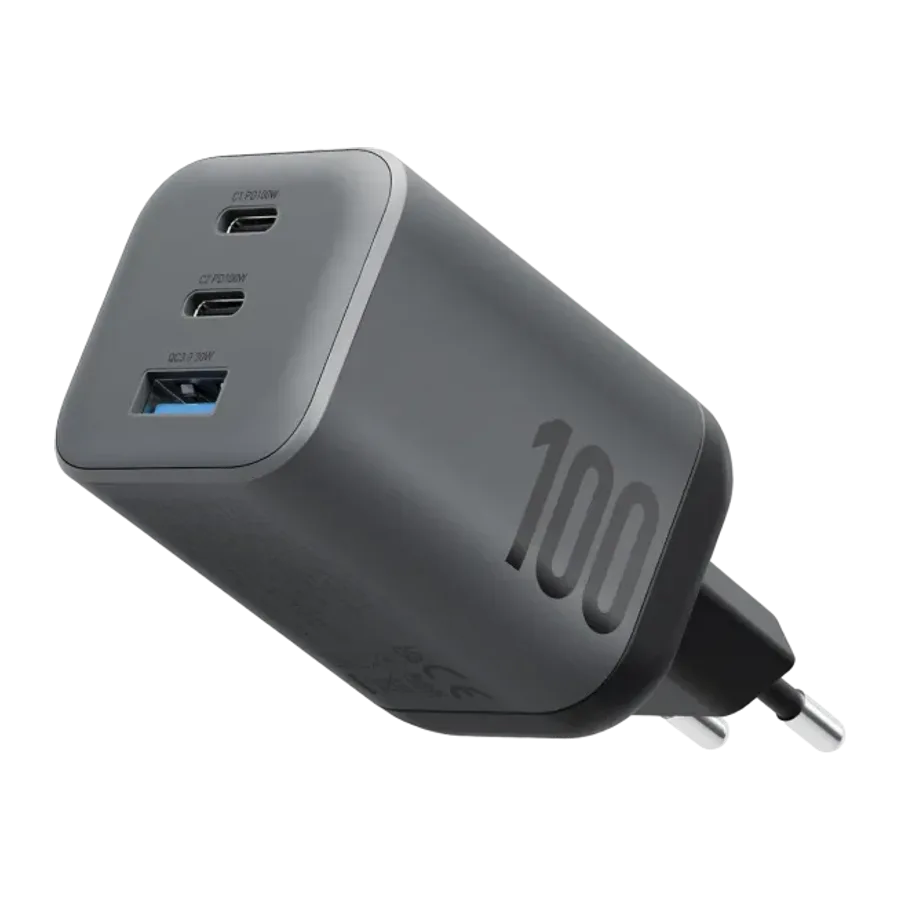 Energea AmpCharge Mini 100 2 Adet 100W Type-C ve 1 Adet 30W USB Çıkışlı PD PPS QC 3.0 GaN Hızlı Şarj Aleti - Siyah