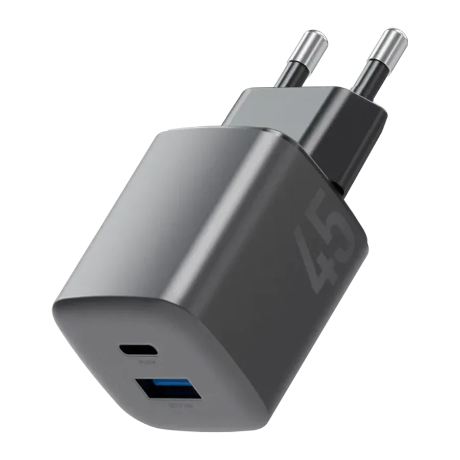 Energea AmpCharge Mini 45 1 Adet 45W Type-C ve 30W USB Çıkışlı PD PPS QC 3.0 GaN Hızlı Şarj Aleti - Siyah