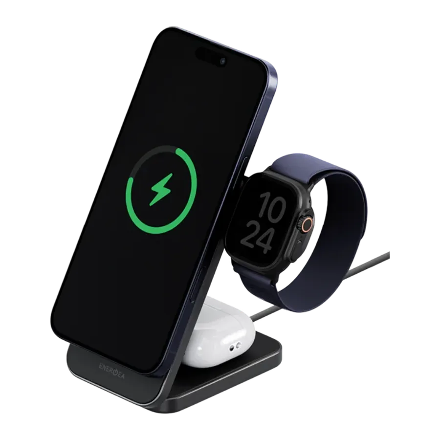 Energea MagTrio 2 3in1 Katlanabilir 25W Telefon Saat Airpods Masaüstü Hızlı Şarj Standı - Siyah