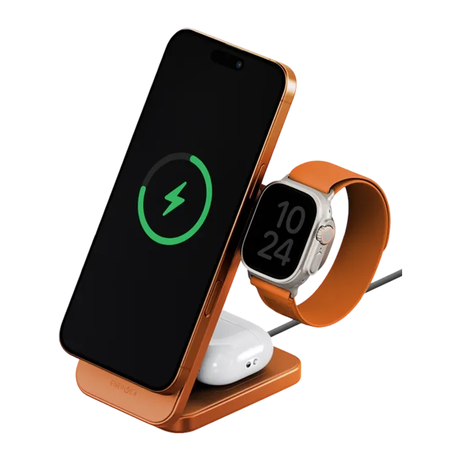 Energea MagTrio 2 3in1 Katlanabilir 25W Telefon Saat Airpods Masaüstü Hızlı Şarj Standı - Turuncu