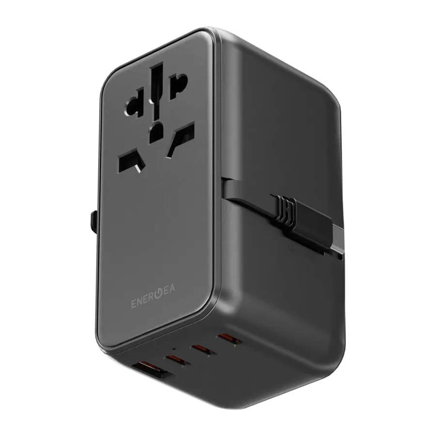 Energea TravelWorld Universal GaN85 3 Adet 70W Type-C 1 Adet 70W 80 CM Dahili Type-C Kablolu ve 1 Adet 60W USB 3.0 Çıkışlı PD Hızlı Şarj Aleti - Koyu Gri