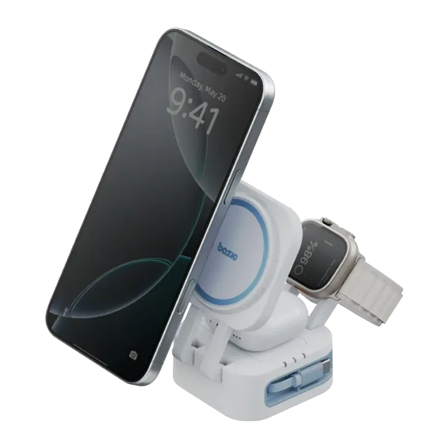 Energea X Bazic GoMag Station Mini 3in1 Katlanabilir 80cm Dahili Kablolu 15W Telefon Saat Masaüstü Hızlı Şarj Standı - Beyaz
