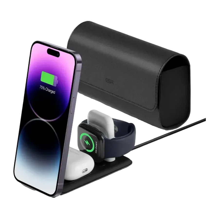 ESR HaloLock 3in1 20W PD Type-C Çıkışlı ve Saat ile Airpods İçin Kablosuz Şarj Destekli Şarj Seti - Siyah
