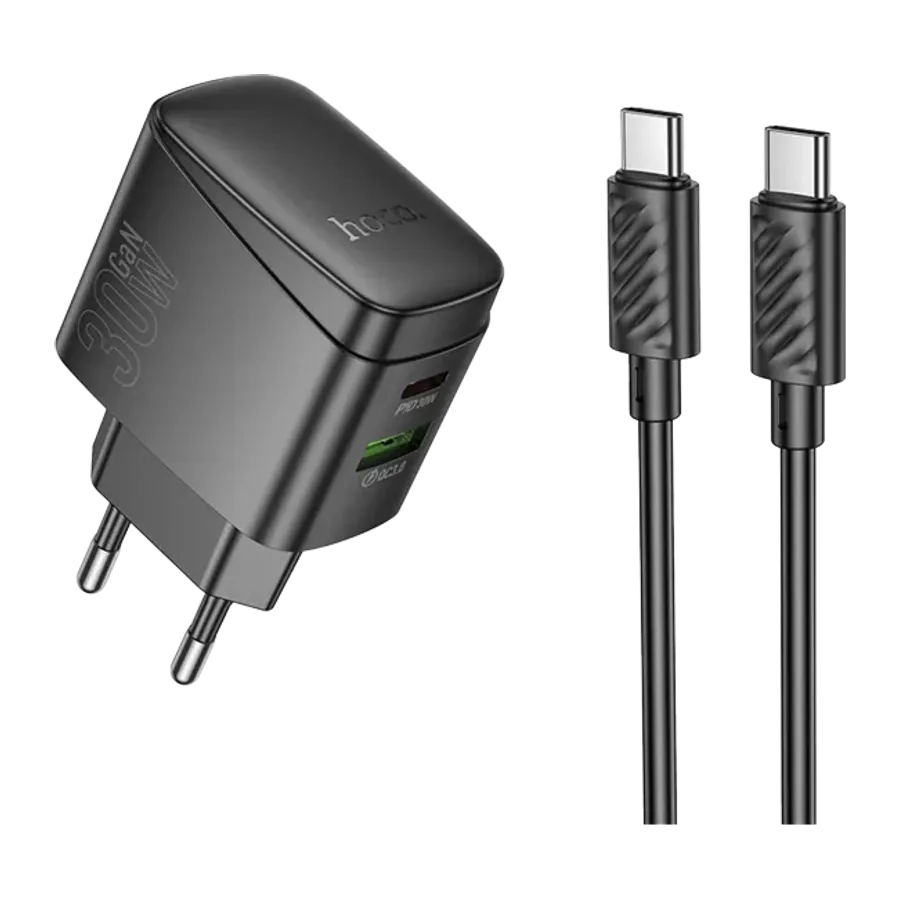 Hoco. CS61A Bright 30W 1 Adet Type-C ve 1 Adet USB 3.0 QC Çıkışlı Ekstra Type-C to Type-C Kablolu PD Hızlı Şarj Aleti - Siyah
