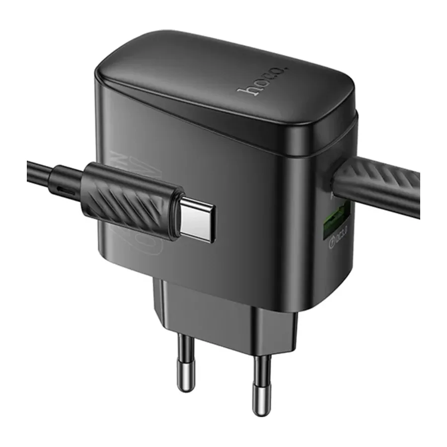 Hoco. CS63A Bright 65W Type-C ve 18W USB QC 3.0 Çıkışlı Ekstra Type-C to Type-C Kablolu PD Hızlı Şarj Aleti - Siyah