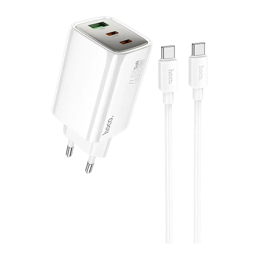 Hoco. N49 Glorious 2 Adet Type-C ve 1 Adet USB Çıkışlı Ekstra Type-C to Type-C Kablolu 65W PD Hızlı Şarj Aleti - Beyaz