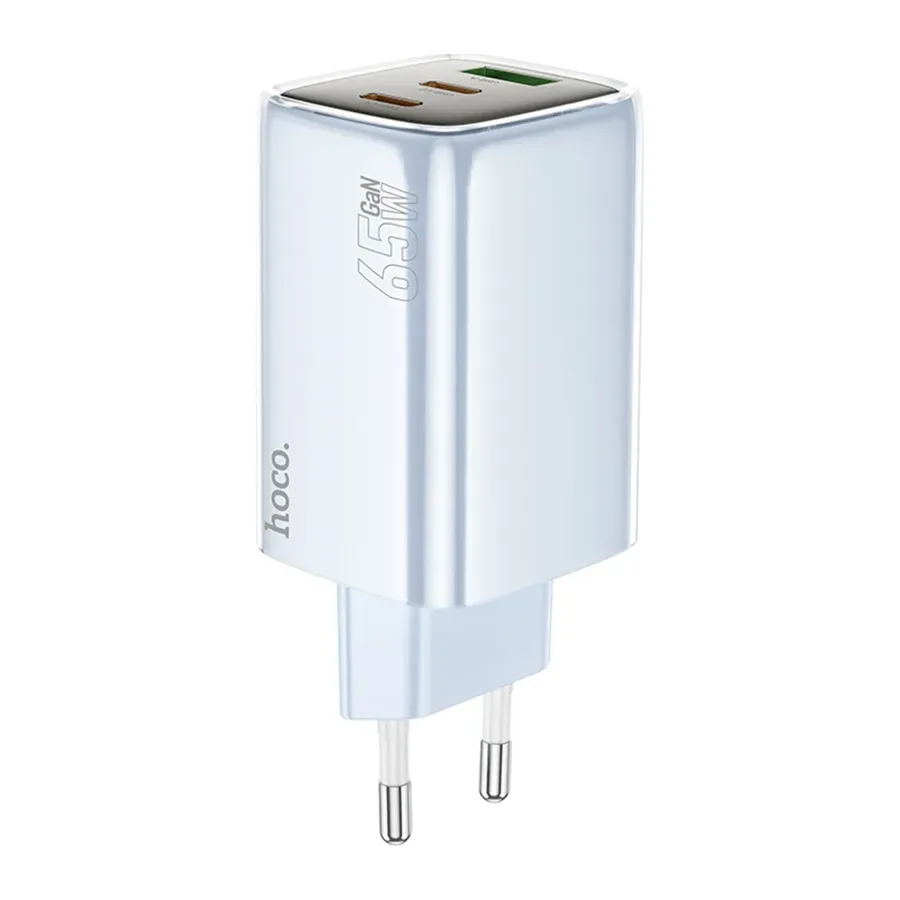 Hoco. N49 Glorious 2 Adet Type-C ve 1 Adet USB Çıkışlı Ekstra Type-C to Type-C Kablolu 65W PD Hızlı Şarj Aleti - Mavi