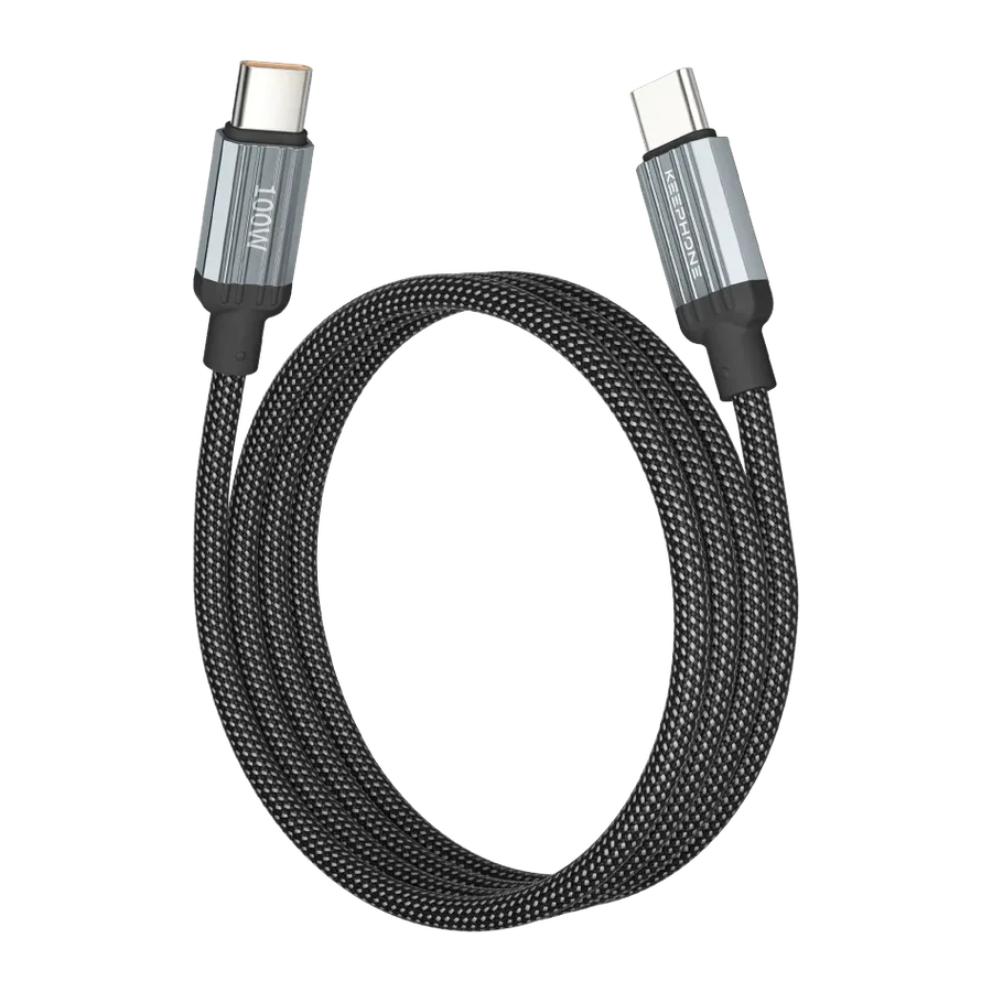 Keephone Magcoil 1M 100W Örgülü Type-C to Type-C Mıknatıslı PD Hızlı Şarj Data Kablosu - Siyah