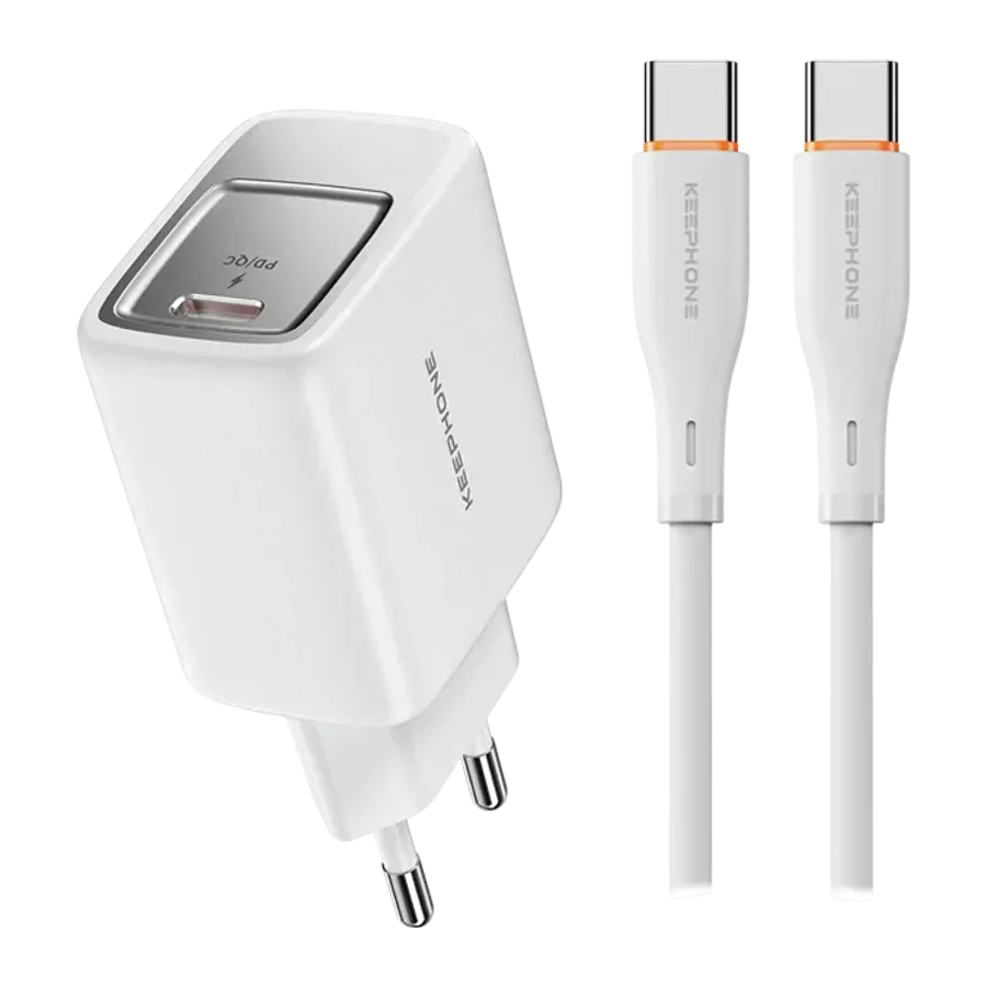 Keephone Mixeed 1 Adet 45W GaN Type-C Hızlı Şarj Adaptörü ve 60W Type-C Şarj Kablosu – Beyaz