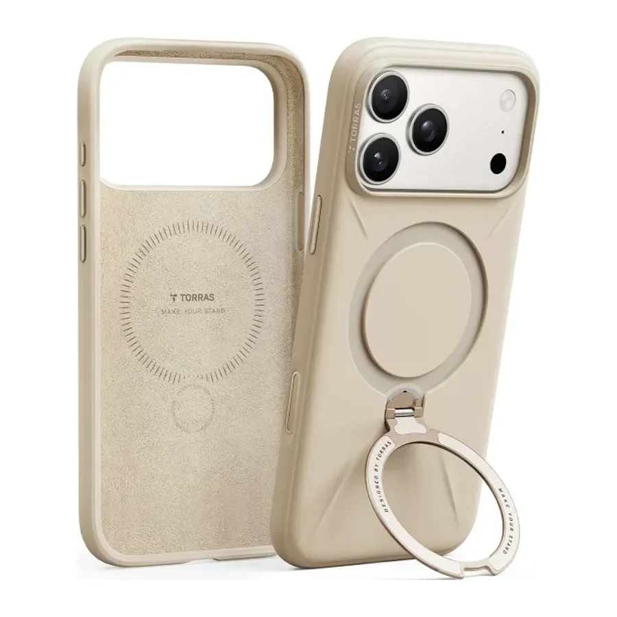 Torras Apple iPhone 17 Pro Max/18 Pro Max O Stand Spin Silicone Serisi Magsafe Kılıf - Krem - görsel 2