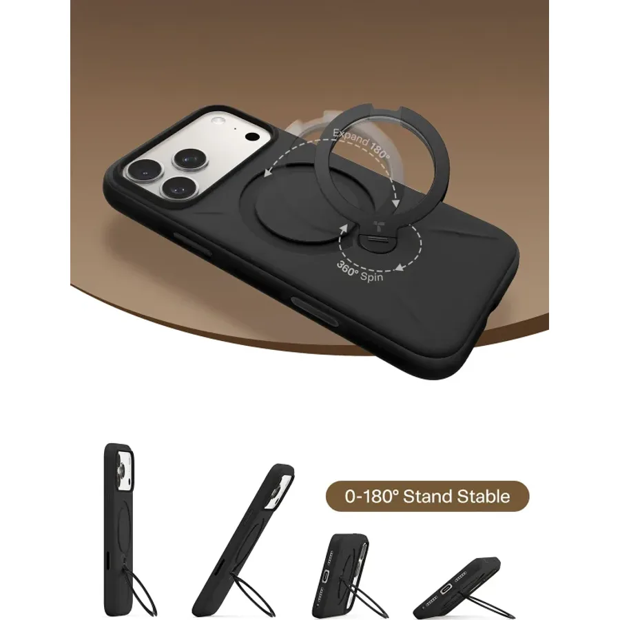 Torras Apple iPhone 17 Pro Max/18 Pro Max O Stand Spin Silicone Serisi Magsafe Kılıf - Siyah - görsel 4