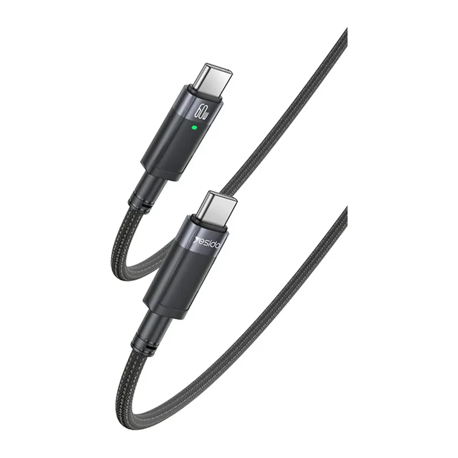 Yesido CA160 1.2M 60W Type-C to Type-C Otomatik Şarj Kesme Özellikli PD Hızlı Şarj Kablosu - Siyah