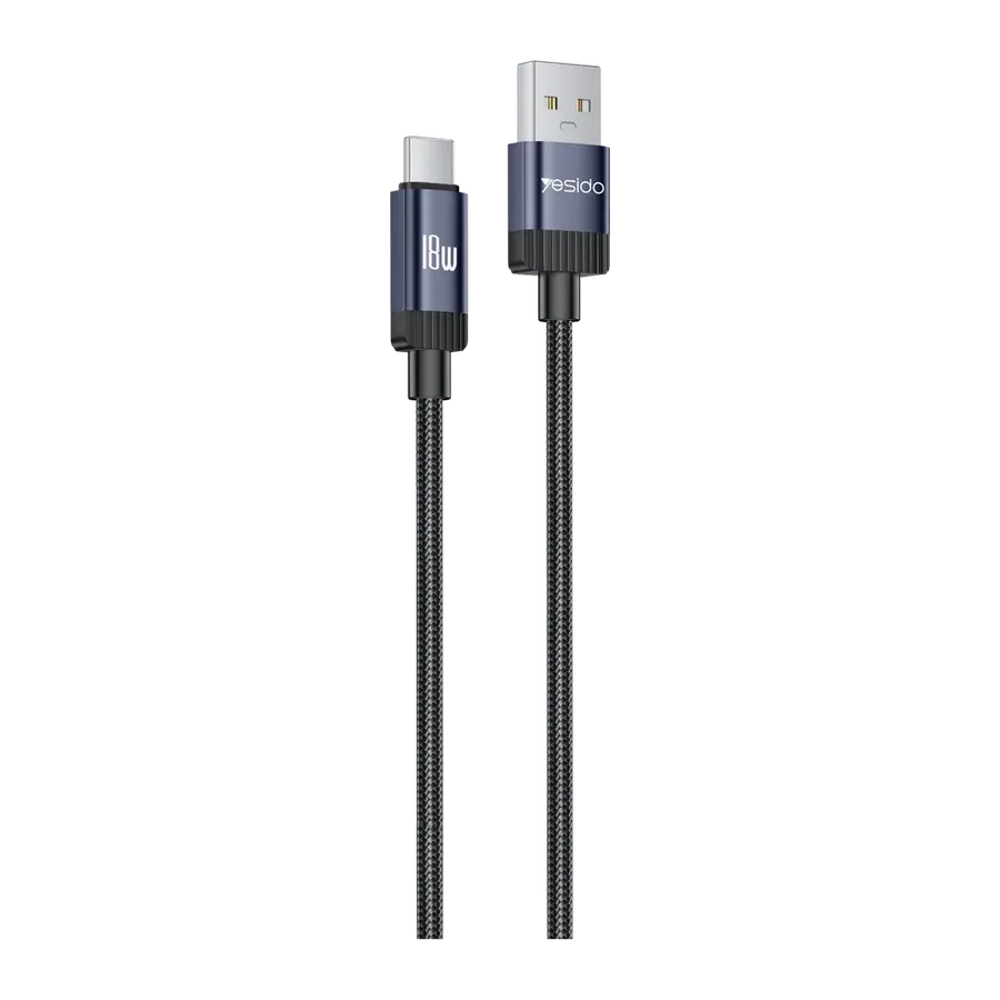 Yesido CA204C 18W Örgü USB-A to USB-C Data ve Şarj Kablosu - Siyah