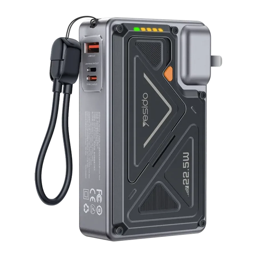 Yesido MH103 20.000 mAh 22.5W PD Hızlı Şarj ve 15W Kablosuz Şarj Destekli Priz Uçlu Powerbank - Siyah