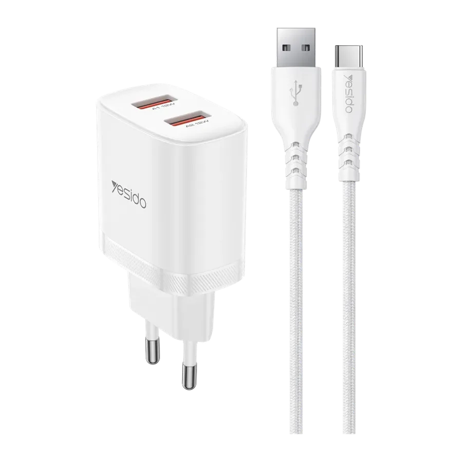 Yesido YC110 45W USB-A ve Type-C Çıkışlı 1M Type-C to Type-C Kablolu PD Hızlı Şarj Cihazı - Beyaz