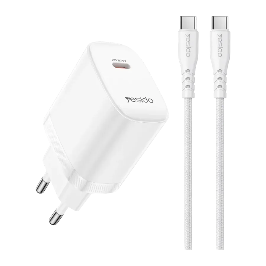Yesido YC105 20W Type-C Çıkışlı 1M Type-C to Type-C Kablolu PD Hızlı Şarj Cihazı - Beyaz