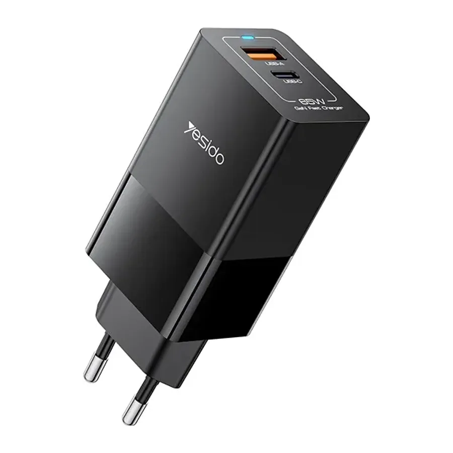 Yesido YC73 1 Adet 65W Type-C / 1 Adet 18W USB Çıkışlı Ekstra 1M Type-C to Type-C Kablolu GAN Hızlı Şarj Cihazı - Siyah