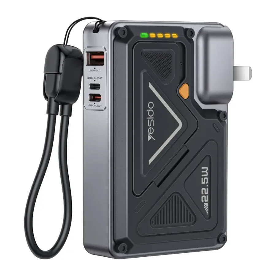 Yesido YP89 Akım Korumalı ve Stantlı 10.000 mAh 5in1 22.5W PD ve 15W Kablosuz Hızlı Şarj Destekli Magsafe Powerbank - Siyah